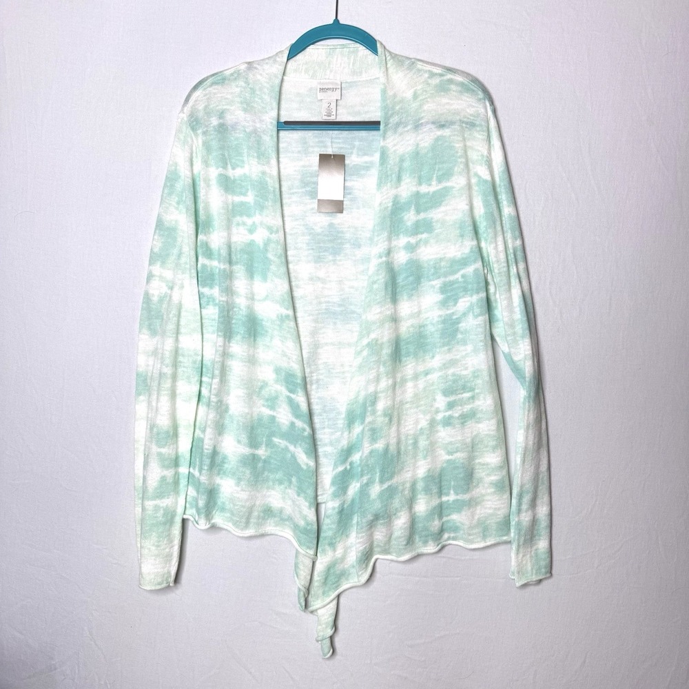 Chicos Lightweight Cardigan Sz L Green Dye Summer Open Tie Front Lagenlook READ‎